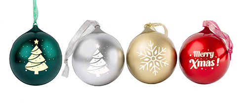 Boules de Noël enceintes Bluetooth EPOK en rouge, doré, argenté et vert