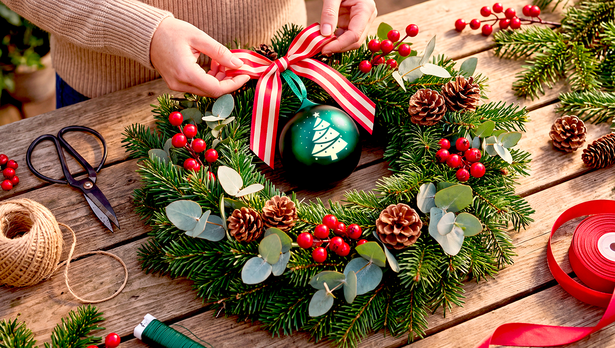 Boule de Noël verte EPOK by Bigben dans une couronne de Noël